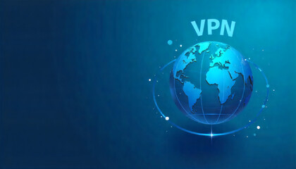 Fototapeta premium A Digital Illustration Of A Glowing Blue Globe Encircled By Rings With The Word Vpn Floating Above It All Set Against A Deep Blue Background