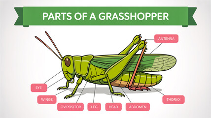 An educational diagram showing the parts of a grasshopper labeled in pink text boxes against a white backgrou