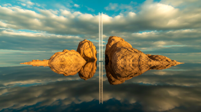 A surreal landscape photograph of a large, symmetrical rock formation reflected in still wate