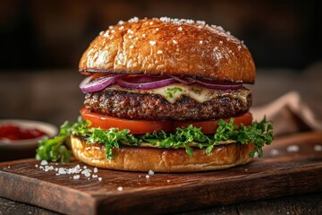 Juicy cheeseburger with grilled beef patty, melted cheese, fresh lettuce, tomato slices, and red onion on a sesame seed bun served on a wooden board with scattered salt