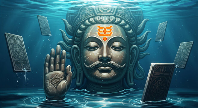 Vishnu s Matsya avatar, halfman, halffish, emerging from the water, ancient texts and artifacts floating around, Matsya avatar, mythological scene, ... See More