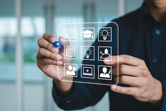 Businessman touching a digital shield icon with a progress bar, symbolizing security and protection in technology and business