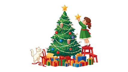 Christmas Cheer: A young girl, full of holiday spirit, adorns a Christmas tree with a golden star, while a playful cat assists. Capturing the essence of the festive season.