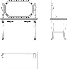 Vector sketch illustration silhouette design of a classic vintage ethnic traditional retro dressing table chair full of carvings