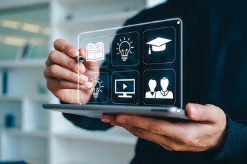 Hands typing on a laptop keyboard with a glowing digital circuit board overlay, symbolizing data processing and technological advancement