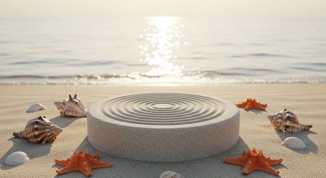 Stone podium with starfish and seashells on a sandy beach.