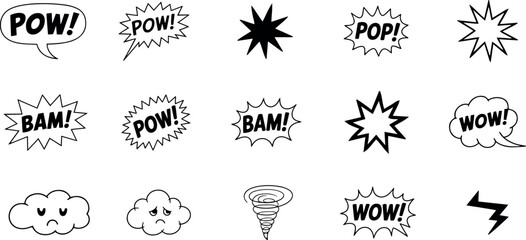Collection of comic book style sound effect words and symbols like pow, bam, pop, wow, and explosion shapes, isolated on transparent background