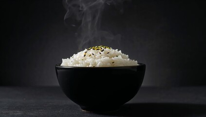 Simple Bowl Composition with White Rice, Steaming, and Dark Background, Minimal Contrast.