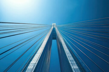 Upward perspective of a modern cable-stayed bridge with tall concrete pylons and steel cables under a bright blue sky