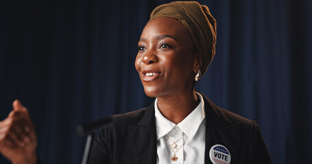 Speech, black woman and politician with microphone for press conference, mayor vote and democracy. Confident, female person and speaker at political rally for election campaign, policy or leadership.