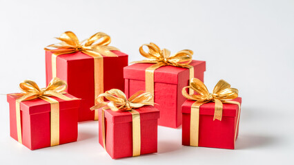 Colorful red gift boxes adorned with golden ribbons arranged together for a festive celebration, inviting joy and excitement