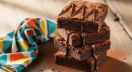 A mouthwatering stack of brownies with melted chocolate drizzle, rich and indulgent texture for bakery or dessert ads.