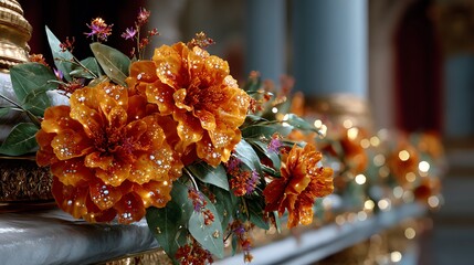 Festive Orange Marigold Flowers with Decorative Lights and Elegant Setting