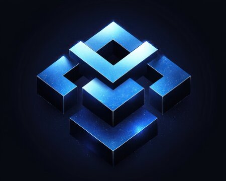 Abstract glowing geometric shapes arranged in a three-dimensional square pattern on a dark background with blue highlights and a futuristic feel