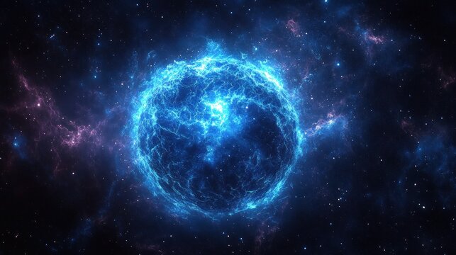 Electric blue glowing spherical object resembling a star or planet surrounded by cosmic nebula and distant stars in deep space