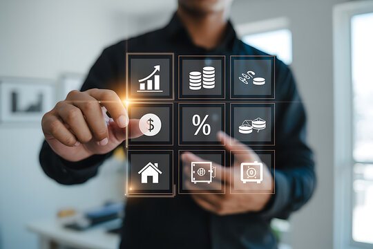 Closeup of hands on a laptop keyboard, with a glowing digital network of financial icons, illustrating modern financial technology and services