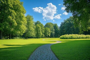 Bright green park with a winding stone pathway under a vibrant blue sky with fluffy clouds surrounded by tall leafy trees and lush grass