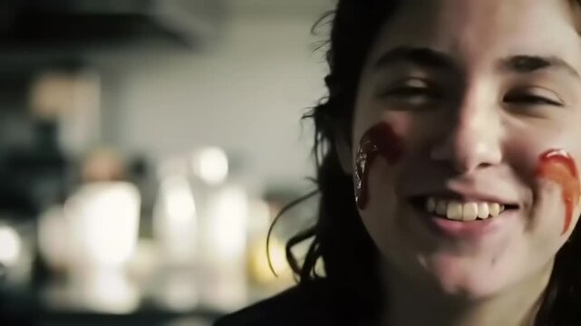 Smiling girl with bloodlike paint on face.