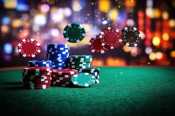 Stacks of colorful poker chips on a green felt table with some chips mid-air against a blurred background of warm glowing lights suggesting a lively casino environment