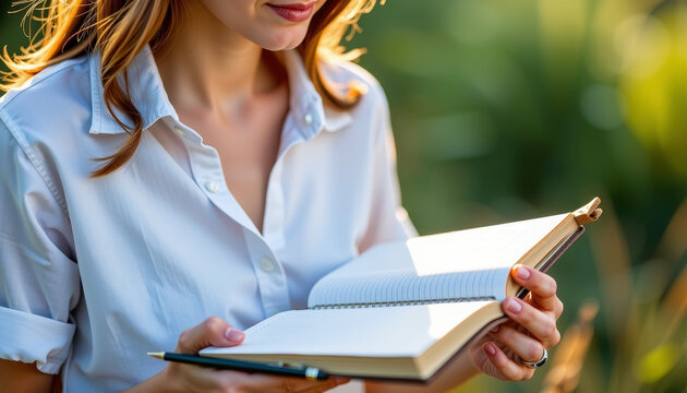 Woman journaling outdoors in nature lifestyle content sunlit environment reflective viewpoint