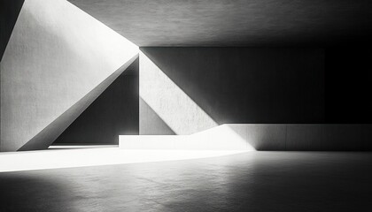 Minimalist modern interior space with sharp geometric shapes and dramatic light and shadow contrasts on textured concrete surfaces