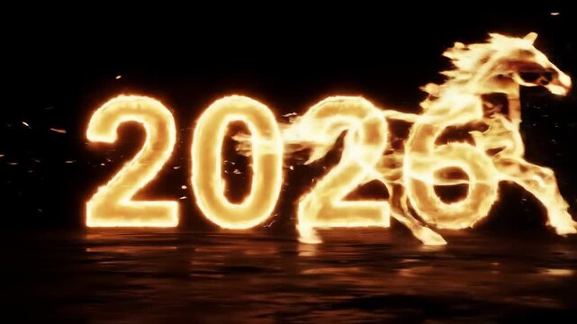 A cinematic 3D animation of a majestic fiery horse galloping against a dark background. As it runs past, it transforms into a glowing number "2026."