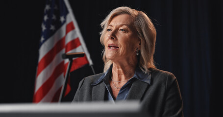 Politician, speaker and woman with American flag by podium for election, debate or voting campaign....