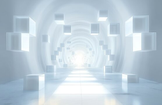 Futuristic tunnel with glowing pathway and floating translucent cubes creating a surreal and visionary atmosphere - Powered by Adobe