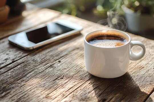 Steaming hot black coffee in a white mug sits on a rustic wooden table next to a smartphone, with natural light and outdoor greenery in the background