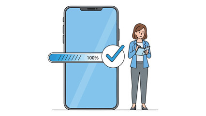 Woman completing a mobile app update shown with a progress bar and check mark vector illustration on white background