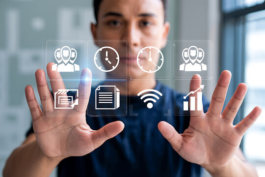 Businessman in a suit pointing at a futuristic digital road with smart city buildings and cloud computing icons - Powered by Adobe