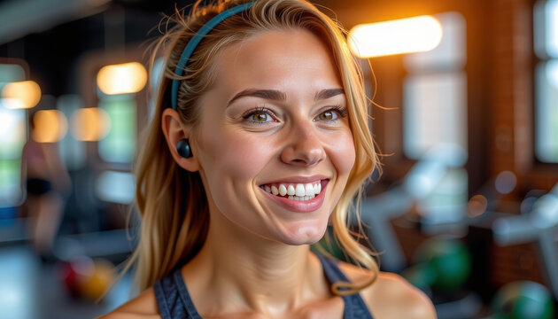 Innovative wearable technology for health and wellness aesthetic fitness portrait of smiling woman in gym environment
