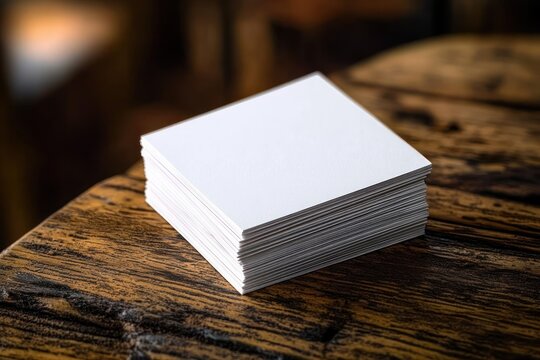 Stack of clean white square paper cards placed on a textured wooden surface in soft warm lighting
