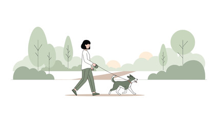 Woman walking her dog in the park simple vector illustration of a person with pet on leash enjoying outdoor activity in nature