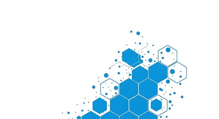 Abstract modern illustration of interconnected blue hexagons and dots on a clean white background suitable for technology and science related concepts.