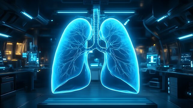 3D model of human lungs illuminated in a futuristic laboratory setting with glowing blue highlights and advanced technology