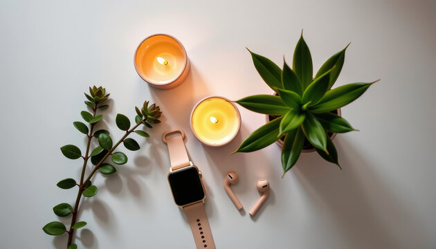 Innovative wearable technology for health and wellness smart aesthetic fitness essentials indoor environment top-down view