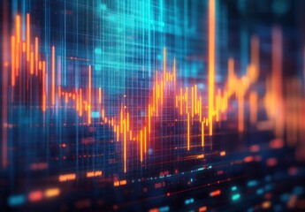 Abstract digital screen displaying fluctuating orange financial or stock market data charts with glowing blue and red grid background