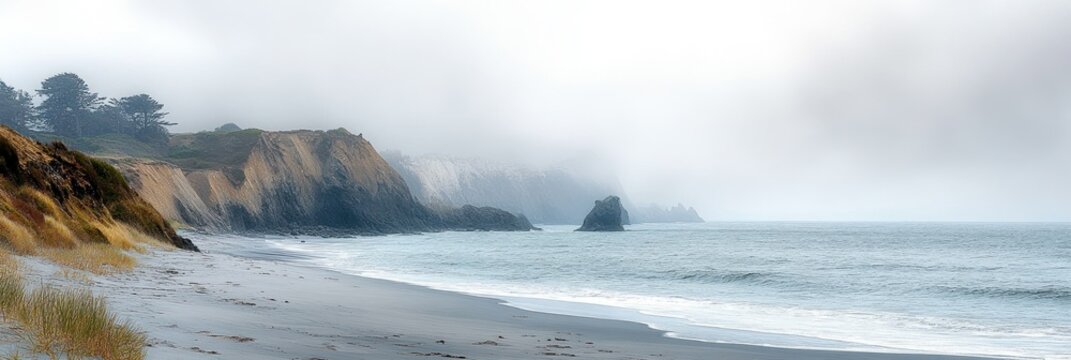 Misty coastline with cliffs, rocky outcrops in the ocean, waves gently rolling onto a sandy beach with sparse vegetation and a calm, serene atmosphere - Powered by Adobe