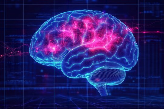 Digital 3D rendering of a glowing human brain with active neural connections in bright blue and pink colors on a dark futuristic technological background - Powered by Adobe