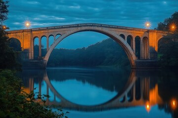 Stone arch bridge illuminated by warm lights during twilight over calm river reflecting the structure with surrounding lush green trees under a moody sky