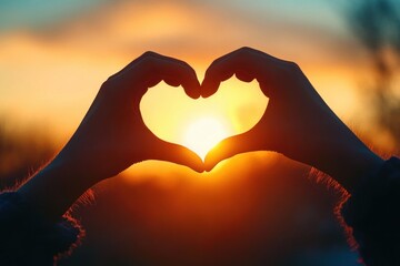 Hands forming a heart shape framing a glowing sun during warm sunset with blurred natural background, evoking feelings of love and warmth