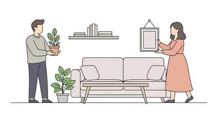 Couple decorating living room with plants and picture frame simple line art vector illustration for interior design and home improvement projects