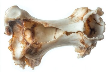 Fototapeta premium Close-up of an aged, irregularly shaped bone with a weathered and porous surface showing natural discoloration and erosion against a white background