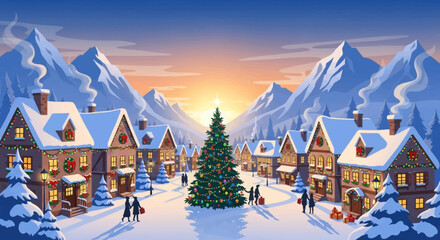 Naklejka premium Festive winter village scene with snow-covered houses and a Christmas tree.