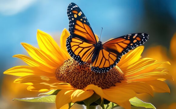 bright orange and black butterfly with spread wings resting on vibrant yellow sunflower under clear blue sky