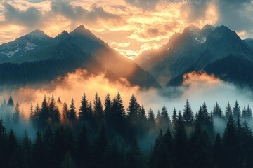 Sunset over a misty forest with tall pine trees in front of rugged mountain peaks partially covered with snow under a dramatic orange and grey cloudy sky