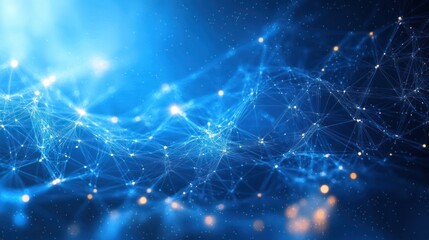 Abstract digital network with interconnected glowing nodes and lines on a deep blue background conveying complexity and connectivity