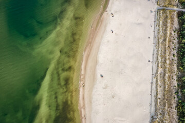 Aerial drone view over beach in Debki resort village on the Baltic Sea coast in Pomerania region of Poland