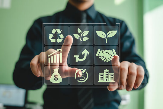 Businessman touching a futuristic interface with medical icons, representing healthcare technology and innovation in medicine